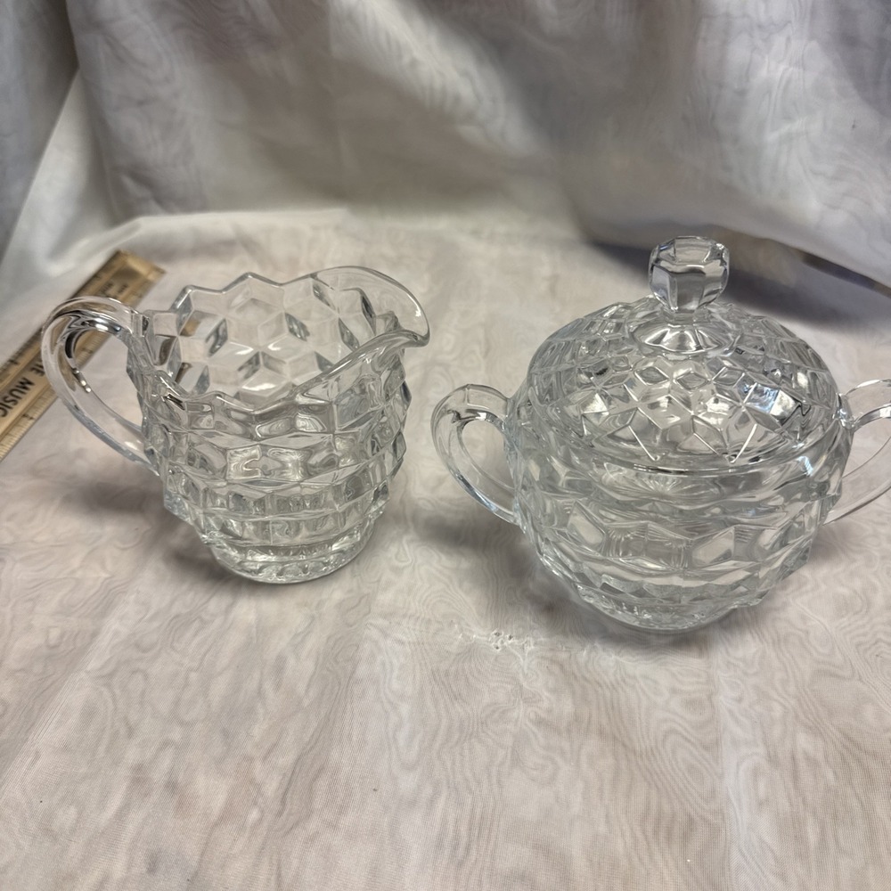 Vintage Fostoria American‎ Clear Glass Cube Cubist Large Creamer and Sugar Set